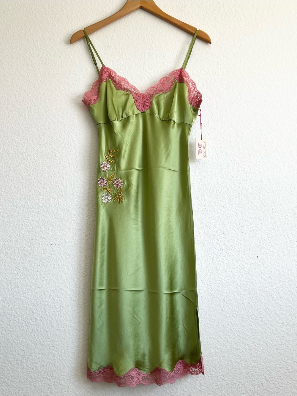 Gold Hawk 💯 Silk Green Embroidered Slip Dress